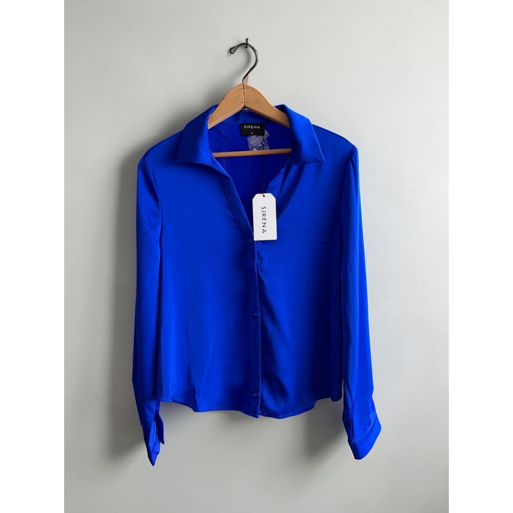 Sirena Royal Blue Satin Button Down Shirt Long Sleeve Blouse Small NEW